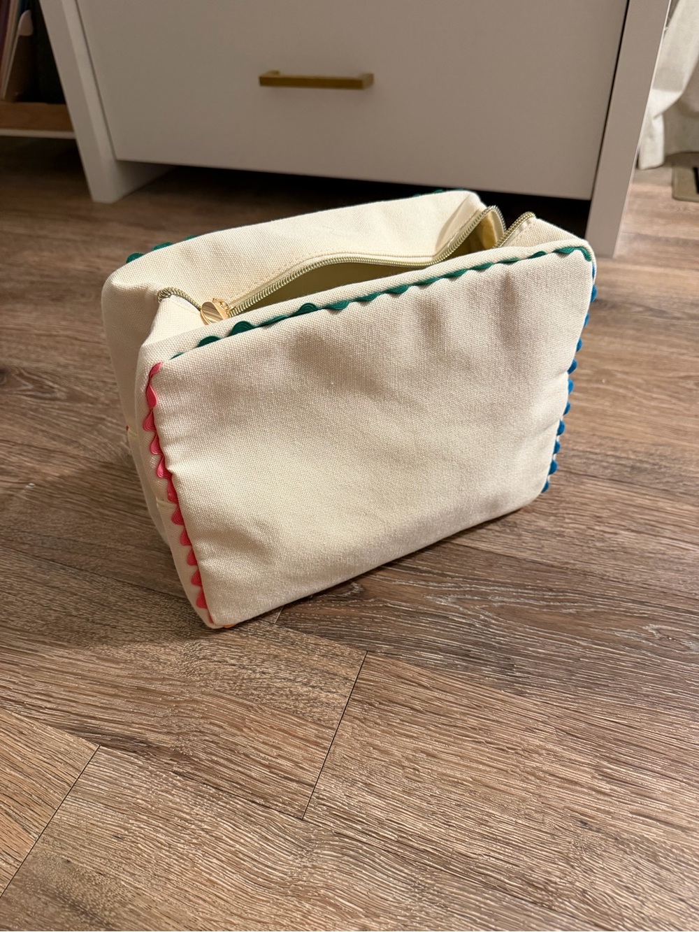 SHEIN Cream Canvas Travel Pouch with Pink, Green, and Blue Trim